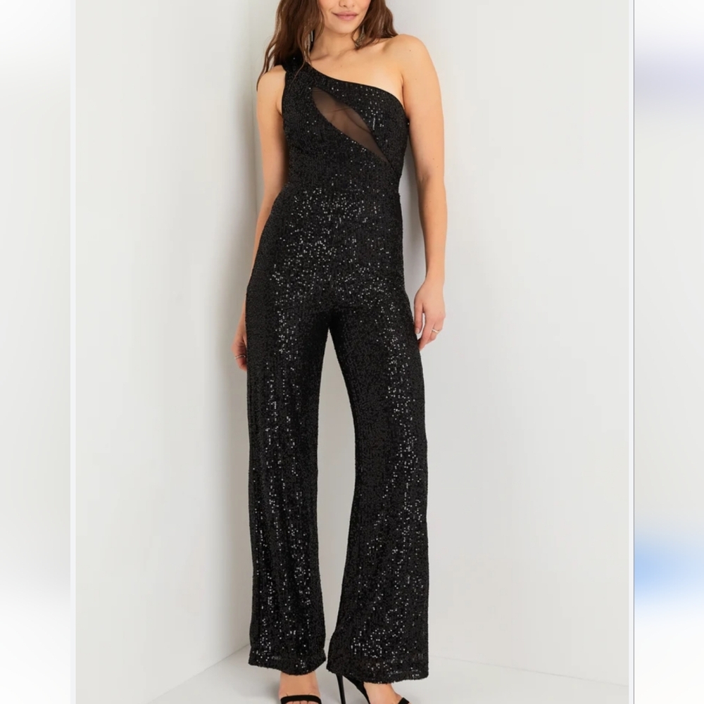 NWT Lulu's Black Sequin One-Shoulder Jumpsuit